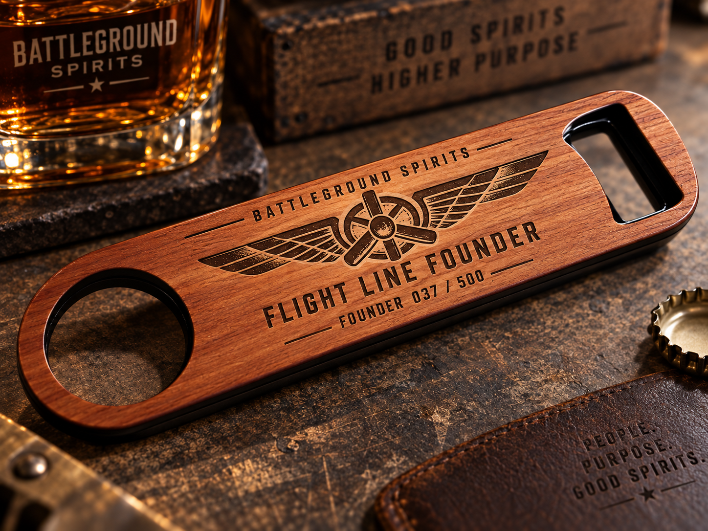 Concept mockup of serialized Flight Line bottle opener