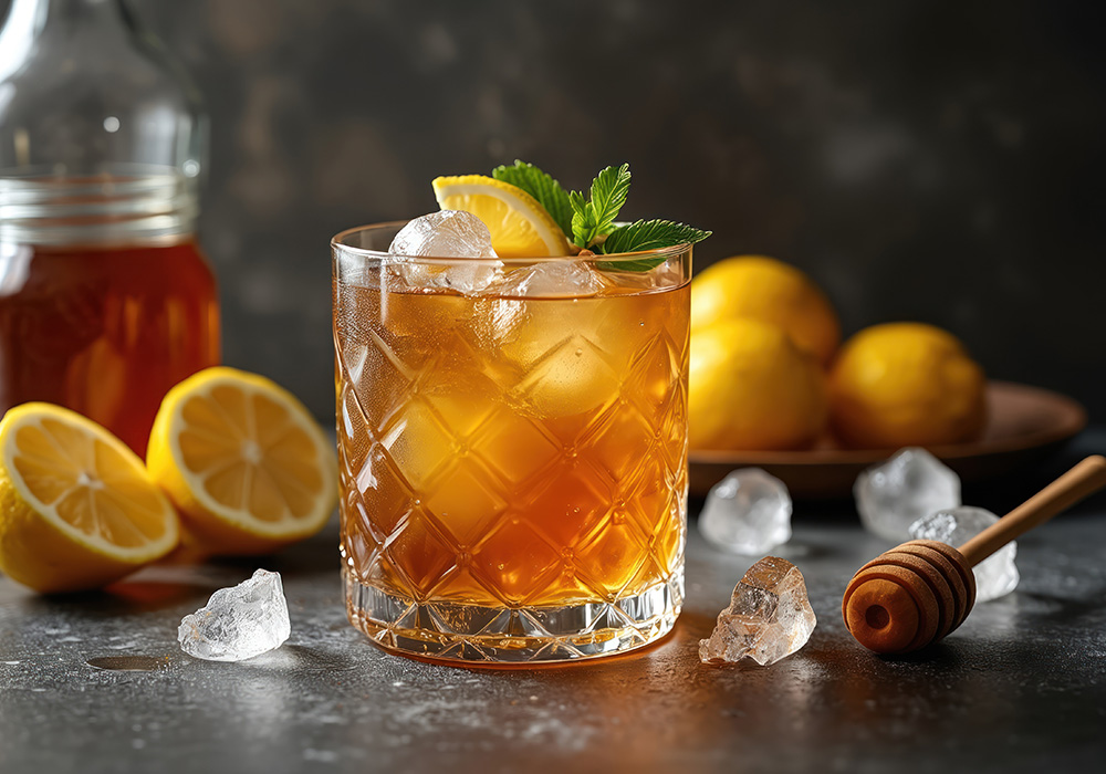 Amber whiskey sour cocktail with ice cubes lemon and mint garnish sits on dark table. Nearby are fresh lemons honey dipper and glass bottle with liquor.