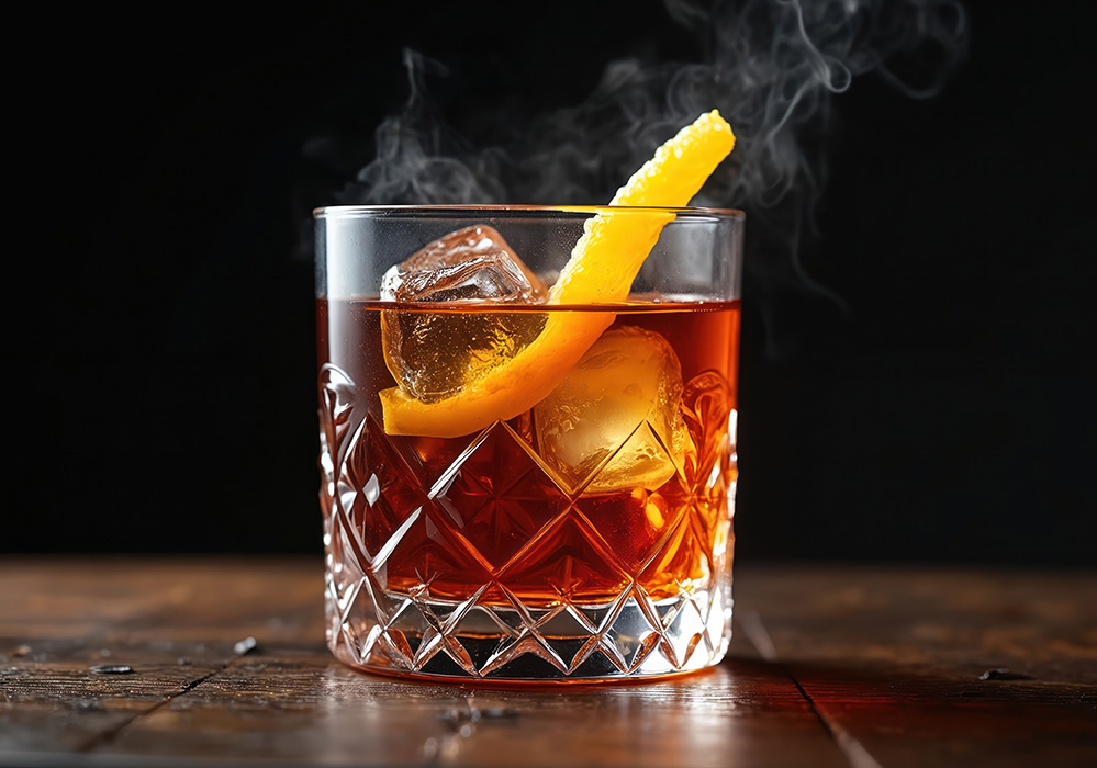 Classic sazerac cocktail served in vintage glass, orange zest garnish, ice cubes on dark wooden surface background. Cold drink with smoke. Alcohol, bar, pub atmosphere, nightlife.