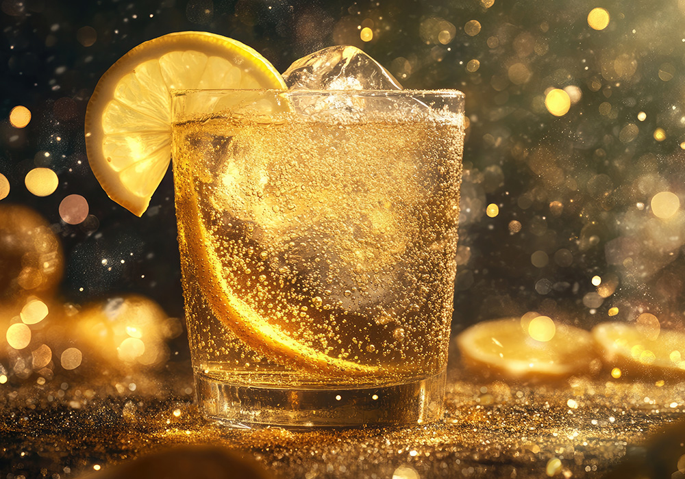 A sparkling drink with lemon and ice in a glass with a golden gl